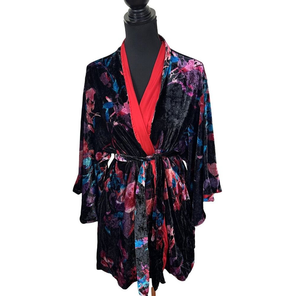 Soma Womens Velvet Floral Kimono Robe Red Lining  Tie Medium Pockets Knee Length